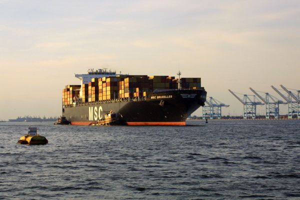 The MSC Bruxelles is among the large ships calling along the U.S. East Coast. Photo courtesy Port of Virginia. The MSC Bruxelles is among the large ships calling along the U.S. East Coast. Photo courtesy Port of Virginia.