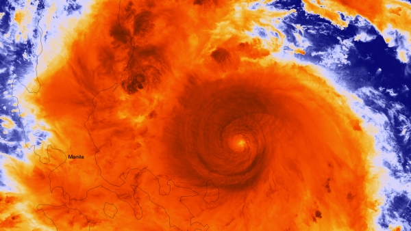 This colorized infrared image from the Suomi NPP satellite shows Typhoon Utor on August 11th at 4:30 (UTC). It made landfall in the Philippines later that day. Source: NASA/NOAA. This colorized infrared image from the Suomi NPP satellite shows Typhoon Utor on August 11th at 4:30 (UTC). It made landfall in the Philippines later that day. Source: NASA/NOAA.
