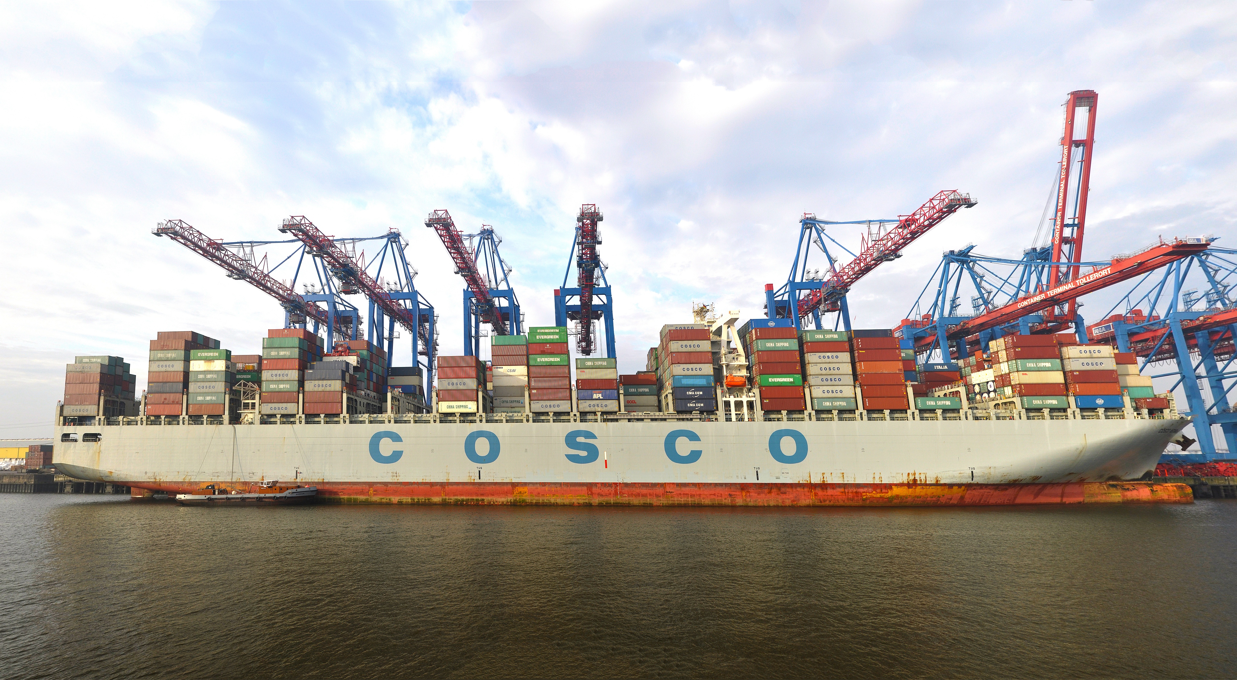 Five mega-ship gantries handle the Cosco Netherlands at HHLA Container Terminal Tollerort in Hamburg. Credit: HHLA