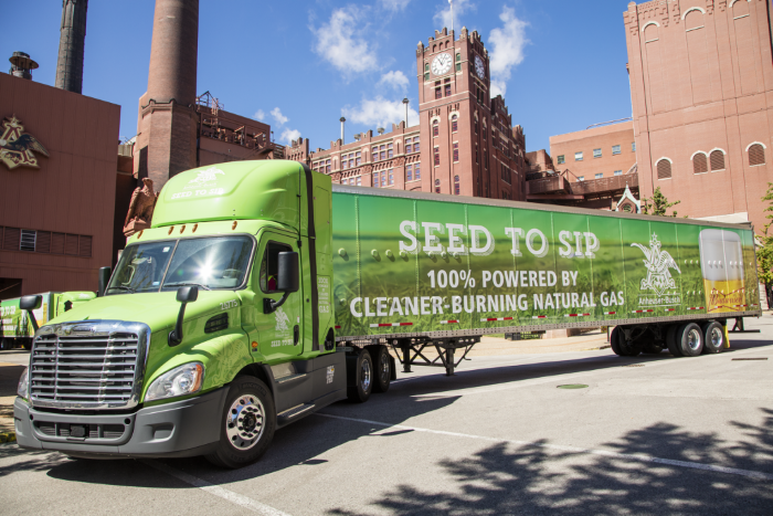 An upgrade to renewable natural gas (RNG) gives Anheuser-Busch cleaner-burning trucks, and more fueling options. Photo Credit: Anheuser-Busch.