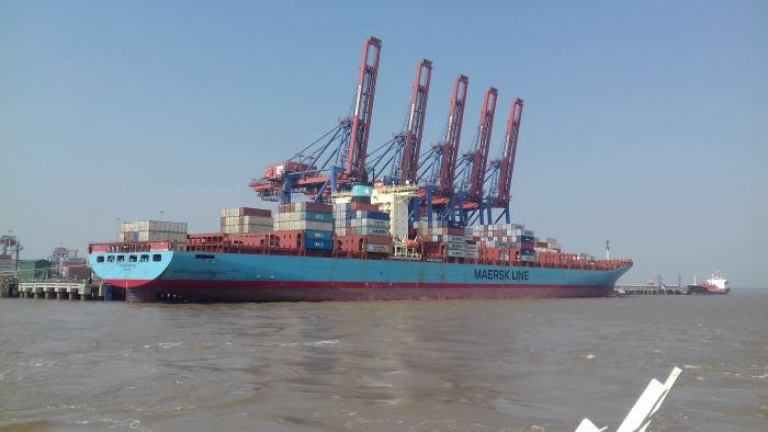 More large-size direct calls like the Adrian Maersk at APM Terminals Pipavav (above) are essential to meeting India's evolving containerized trade demands. Photo credit: Maersk (India).