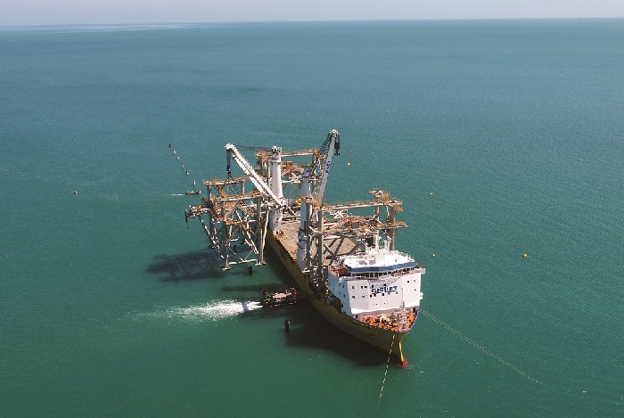 BigLift’s Happy Star installing jackets for offshore oil rigs. The P-series vessel was purchased by Spliethoff from Hansa Heavy Lift, will be renamed Prinsengracht, and will join the BigLift fleet, while the four F-series ships will join Spliethoff’s fleet. Photo credit: BigLift. BigLift Happy Star.