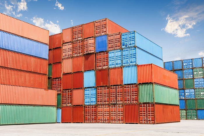 Containers stacked at a port.