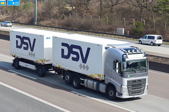 Record high margins were driven by continued improvement in productivity across the organization, DSV said, and the company had equally encouraging news regarding the UTi integration. Photo credit: Shutterstock.com. A DSV tandem truck.