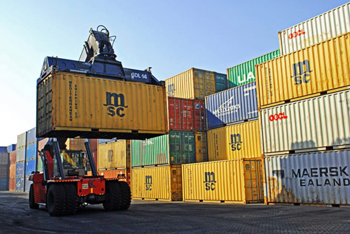 Container stacking operations at Gateway Rail Freight Ltd.’s yard in JNPT.