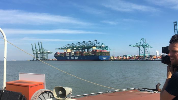 One of HMM's new 24,000 TEU ships ties up at the port of Antwerp on Aug. 12. Photo credit: Port of Antwerp