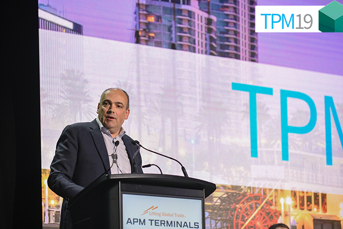 Hapag-Lloyd CEO Rolf Habben Jansen tells the TPM 2019 Conference the more expensive low-sulfur fuel required to comply with the IMO 2020 mandate will add around 00 per TEU to ocean transport costs. Photo credit: Caught in the Moment Photography.