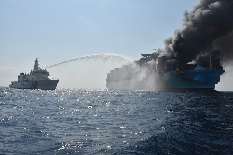 Firefighters tackle the blaze on board Maersk Honam. Photo credit: Indian Coast Guard