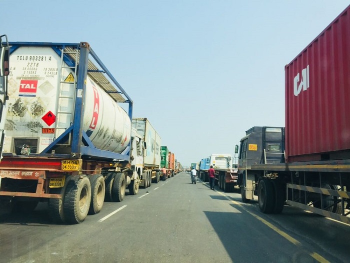 trucks backed up at at JNPT. Photo credit: Nhava Sheva Container Operators' Welfare Association. Trucks queued at JNPT.