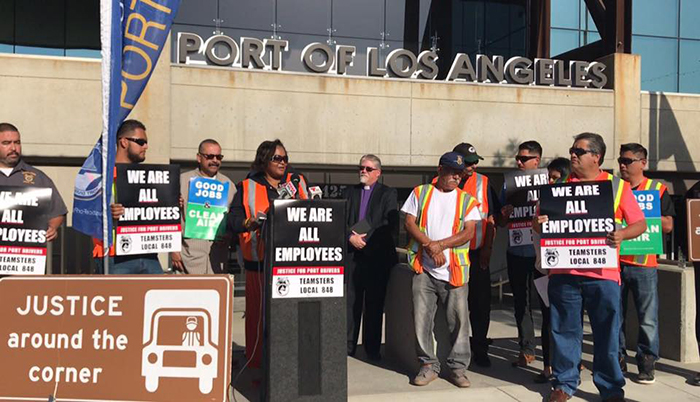 Justice for Port Drivers announces their protest outside the Port of Los Angeles.
