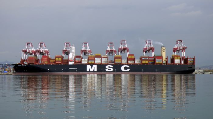Eight container gantries work on the 23,000 TEU vessel, MSC Sixin, at Hutchison Port's BEST terminal in Barcelona. The container exchange during the port call was 10,000 TEU. Photo credit: BEST