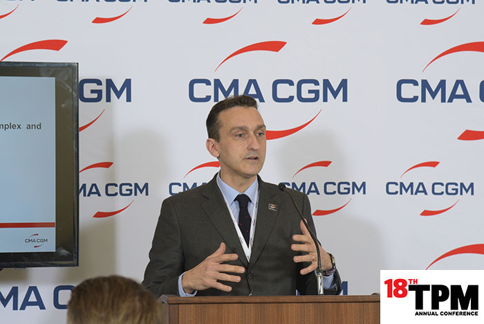 Mathieu Freidberg, central group director at CMA CGM, addresses the media at the 18th Annual TPM Conference. Photo credit: Caught in the Moment Photography.