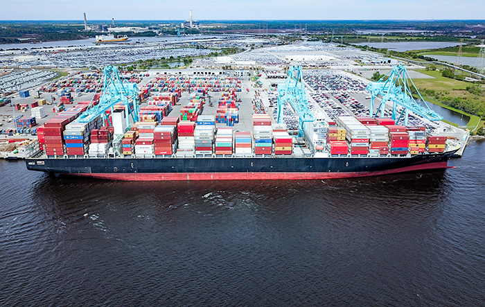 Jacksonville port officials are hopeful more large vessels like the ZIM Cape Sounio (above), an 11,000 TEU vessel, will visit the port with a deeper harbor and turning basin near Blount Island. Photo credit: Jacksonville Port Authority.