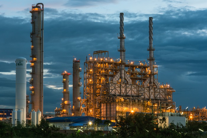 A resin plant at sunset.