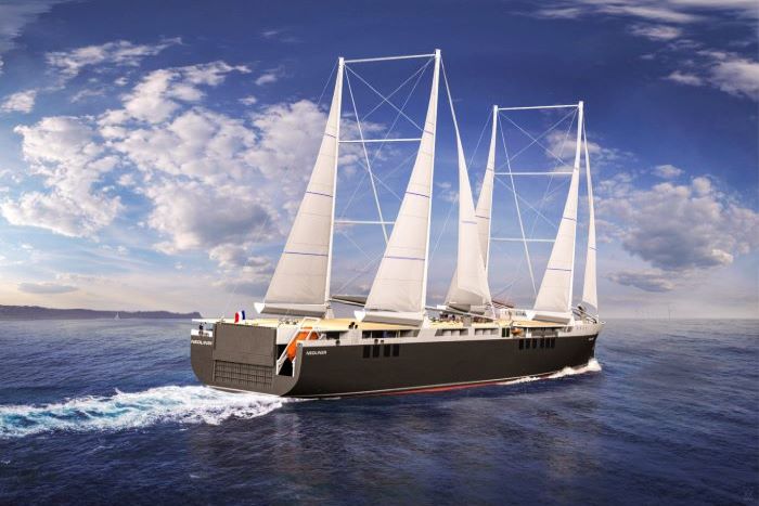French shipowners are planning two wind-assisted propulsion ro-ro carriers with designs based on traditional sailing ships. Credit: Mauric