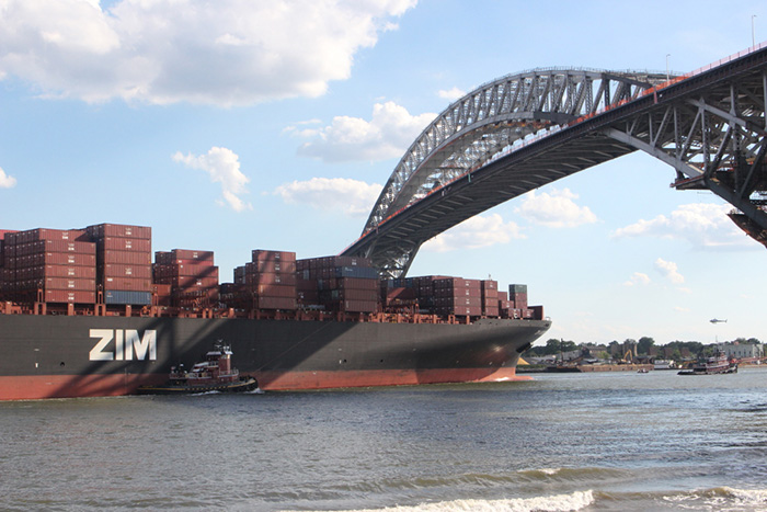 The Zim Antwerp passing under the Bayonne Bridge Monday, one of the first six ships of more than 10,000 to pass under the bridge in the Port of New York and New Jersey.