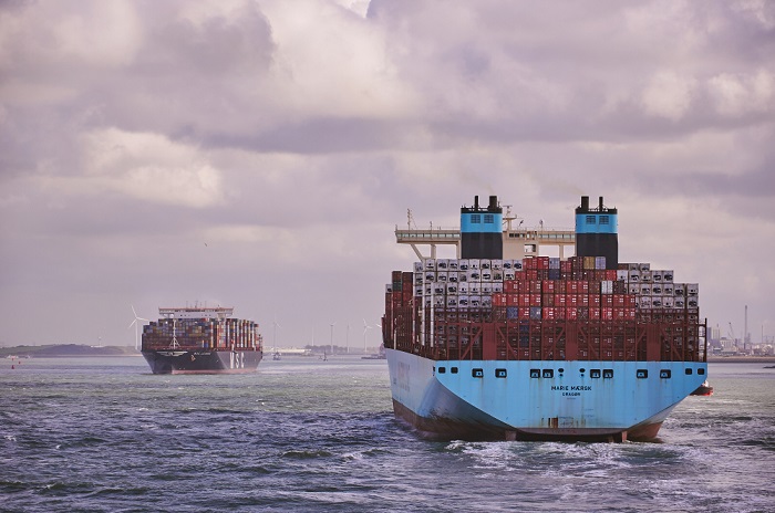 Two container ships near Rotterdam port.