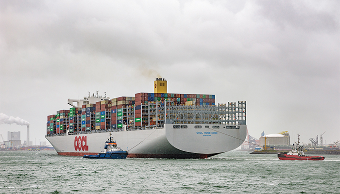 The mega-ship OOCL Hong Kong arrives in the Port of Rotterdam. Photo credit: Shutterstock.com