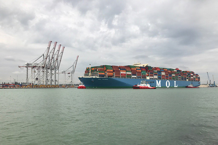 The MOL Triumph, seen at Southampton, is the largest container ship to ever call the UK.