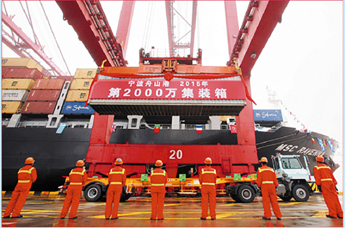 The 20 millionth TEU of 2015 is lifted at the Ningbo-Zhoushan Port on Dec. 24.