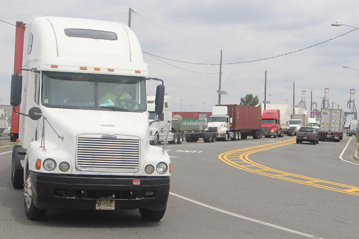 A line of trucks waiting on Tuesday to get into the APMT terminal in Elizabeth, New Jersey, where drivers complain of hours-long delays to get in the gates.