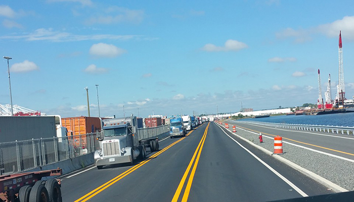 The Port of New York and New Jersey's Global Container Terminal is setting up a pilot appointment system to avoid long truck queues outside its gates like the one pictured in early September. Credit: Port Driver.