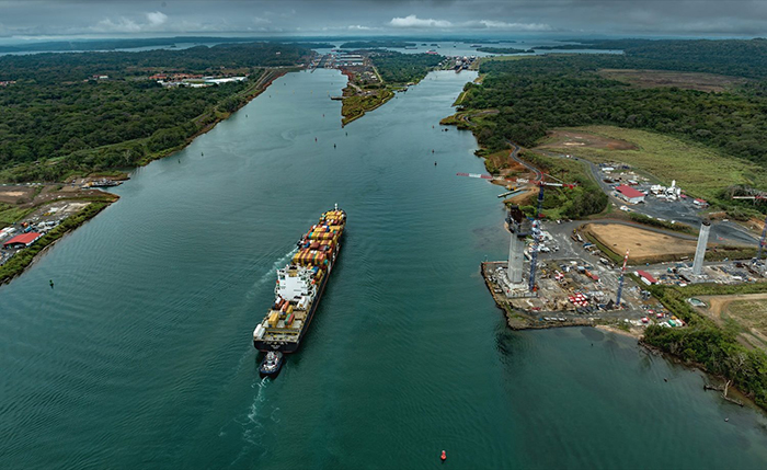 The Panama Canal with the new, larger locks at left.