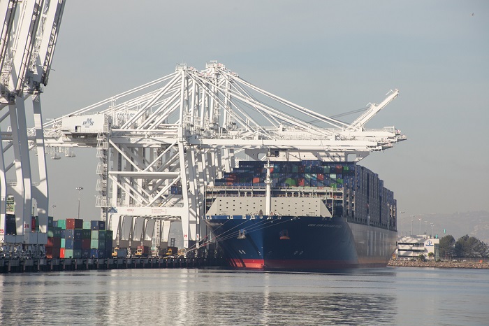 Retailers, manufacturers, and other importers shipped their products early this year, due in large part to the on-going trade war between the Trump administration and China. (Above: The Port of Los Angeles.) Photo credit: Shutterstock.com. Port of Los Angeles with a CMA CGM ship.