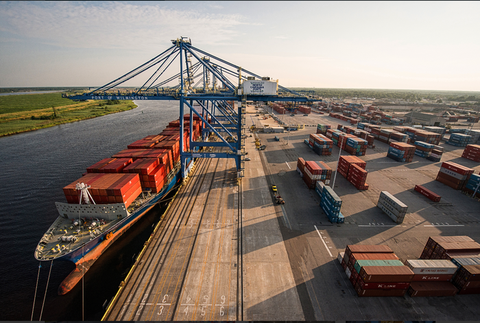 A vessel from Europe being unloaded in Wilmington, North Carolina. The port has six weekly services, including the European route and two from Asia. Photo Credit: North Carolina Ports Authority