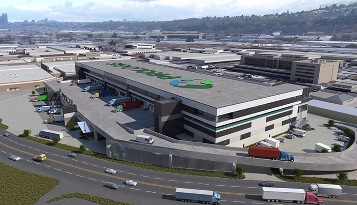 An artist's rendering of the three-story distribution facility under construction near the Port of Seattle.