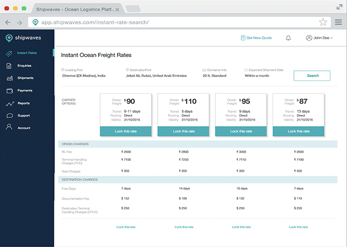 Shippers using Shipwaves' freight rate quoting platform, a screenshot of which is pictured, can compare freight rates and routing options from a number of ocean carriers.