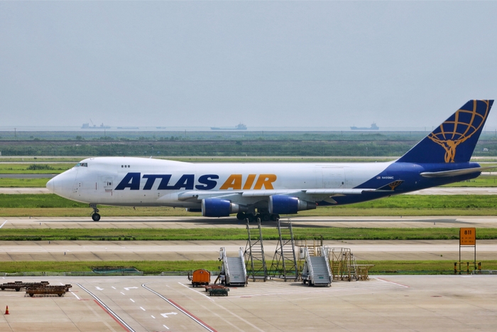 An Atlas Air B747 freighter on the apron at Shanghai Pudong airport. Rates from Shanghai to North America reached a five-year high this week as demand for air cargo grows. Photo credit: Shutterstock