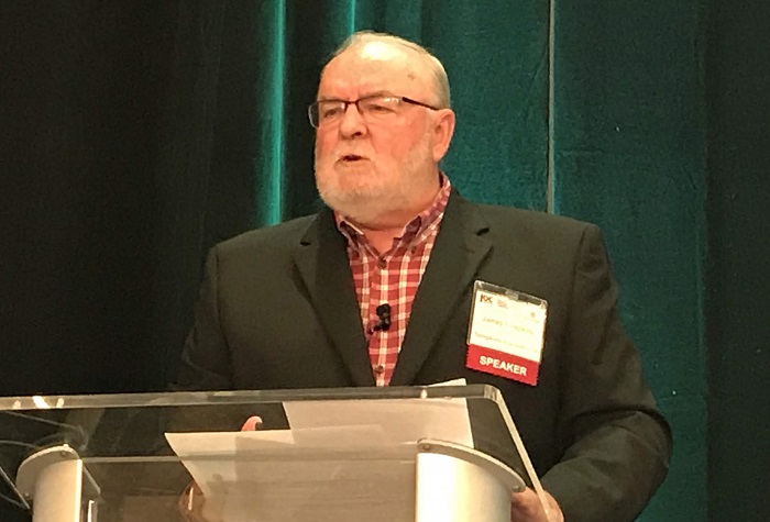 Above: Jim Tompkins, CEO, Tompkins International, delivering the keynote address Wednesday. Photo credit: JOC Staff. Jim Tompkins, Tompkins International.