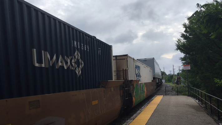 A domestic intermodal train. While international volume should end 2Q slightly higher than a year ago, domestic intermodal has entered a recession in 2019 with two consecutive quarters in the red. Photo credit: Ari Ashe