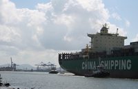 A China shipping vessel leaves the Itajai Port Complex. Photo credit: Robert Ward.