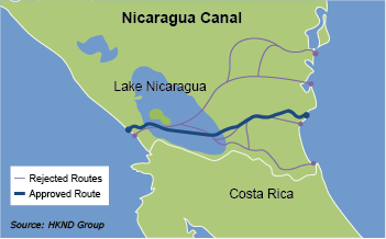 Approved and rejected routes for Nicaragua canal
